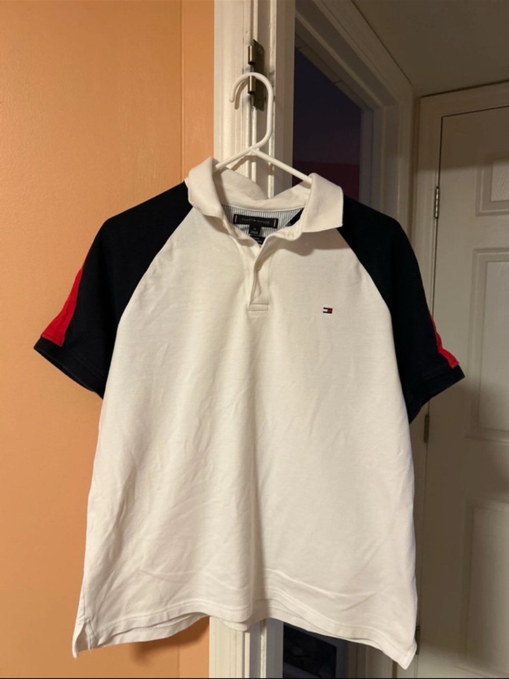 Tommy Hilfiger Men’s White Polo with navy Shoulders and Red Sleeve Stripes